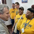 U.S. Sen. Sherrod Brown (D-OH) shakes hands with union members who volunteered to canvass for him in Chillicothe.