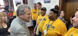 U.S. Senator Sherrod Brown (D-OH) shakes hands with union members who volunteered to campaign for him in Chillicothe.