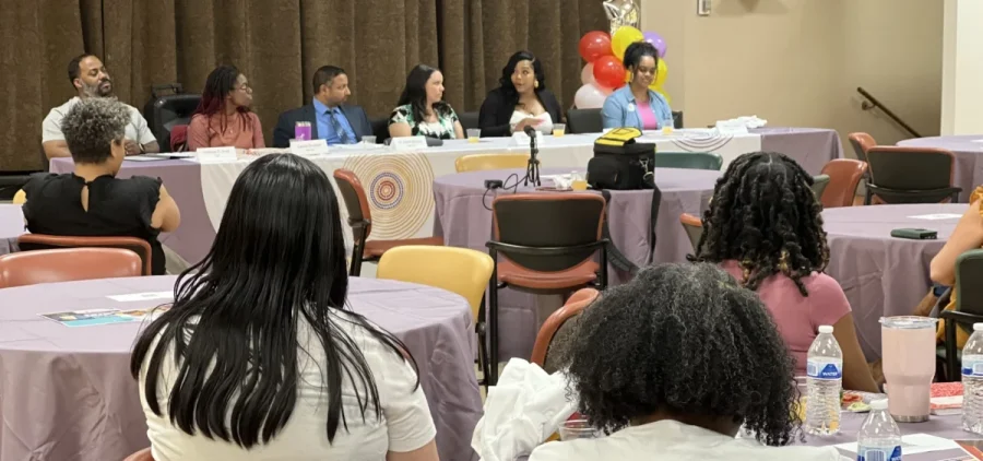 A panel of experts speak at Black Maternal Health Week, including Dr David Dhanraj, middle, and DeShae Jackson, far right.