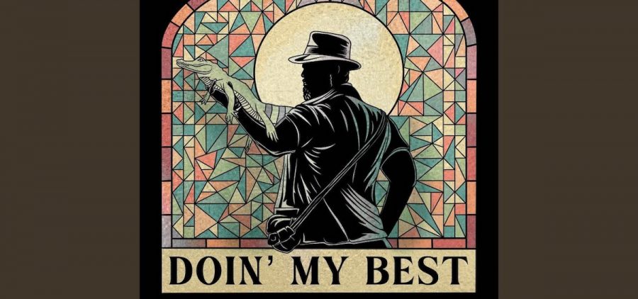 The cover art for Corduroy Brown's "Doin' My Best," which shows a simplified image of a person holding an alligator.