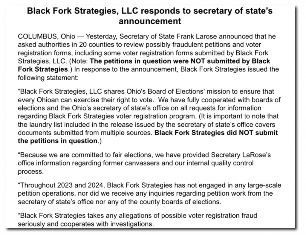 A letter from Black Fork Strategies, LLC, stating that the organization did not submit the petitions the Secretary of State's office has raised questions about.