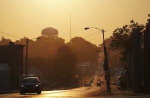 The sun rises over the city of Springfield, Ohio,