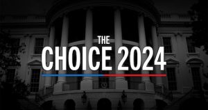 The choice text with underline, half red half blue superimposed over the front of the White House