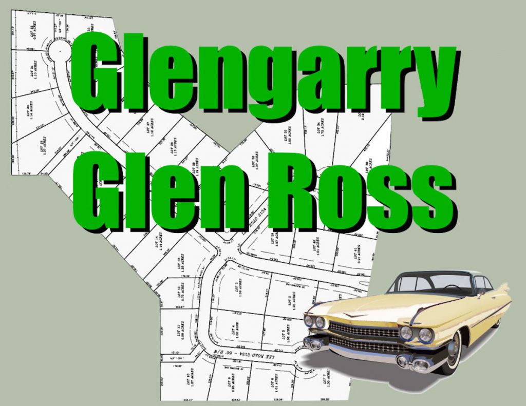 The logo for the ABC Players' production of "Glengarry Glen Ross." It shows a map of counties with a Cadillac superimposed over it with the text of the show's name. 