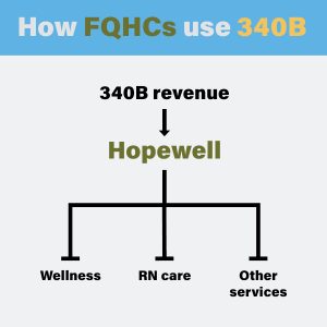 A graphic shows that 340B revenue goes to Hopewell, which redistributes it to other programs like wellness and RN care.