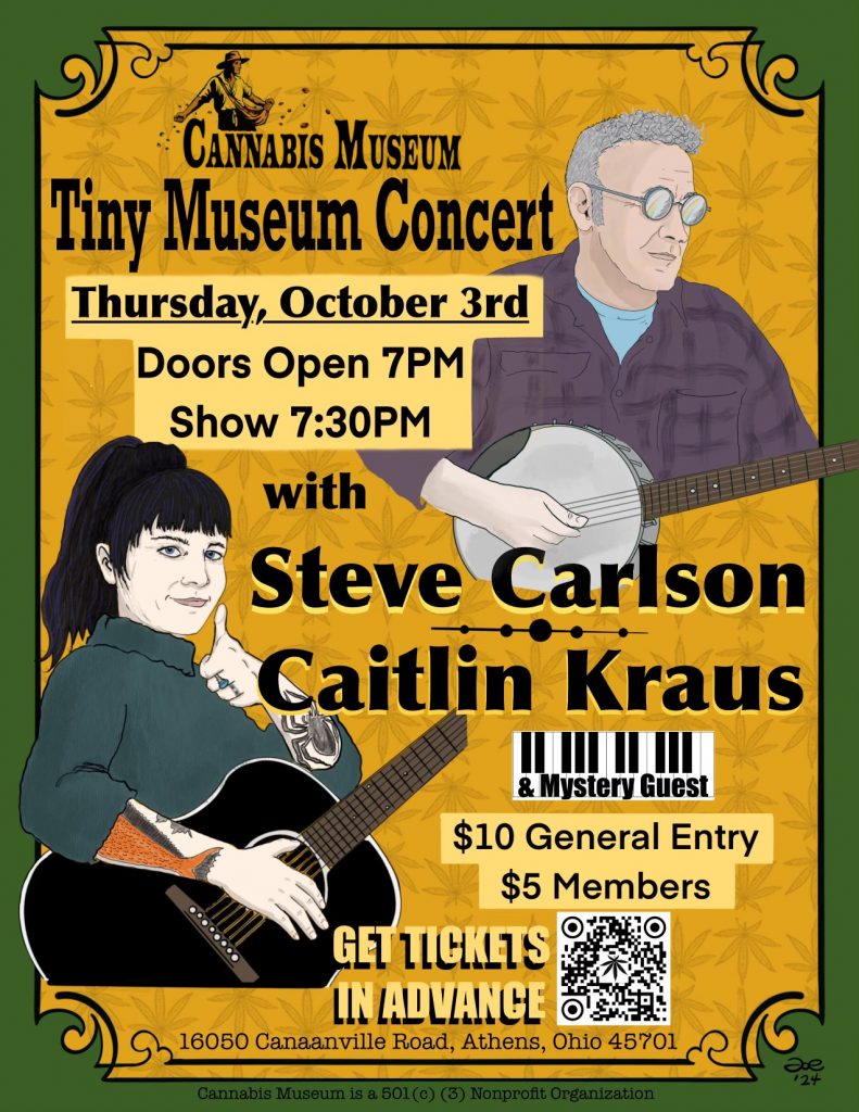 A flyer for the Tiny Museum Concert with Cailtin Kraus and Steve Carlson.