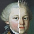 Split screen of two half faces, one of a young Mozart, the other of his sister, Maria Ann