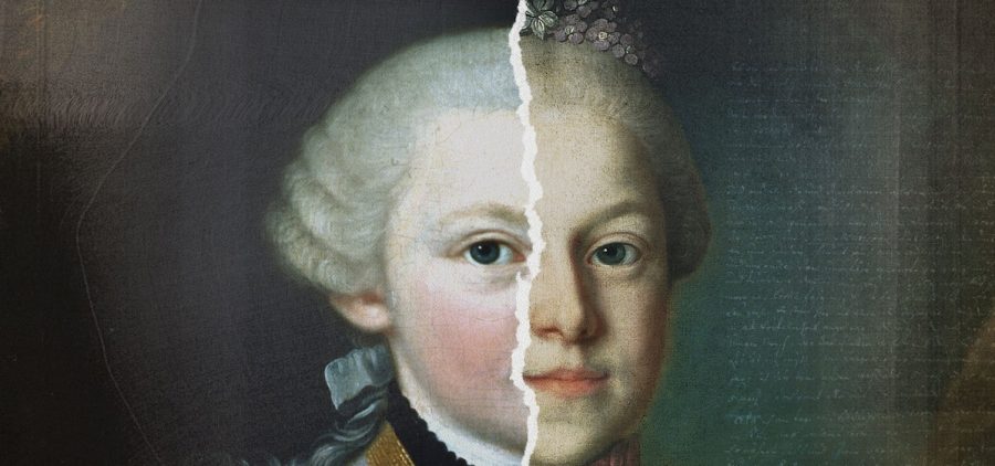 Split screen of two half faces, one of a young Mozart, the other of his sister, Maria Ann