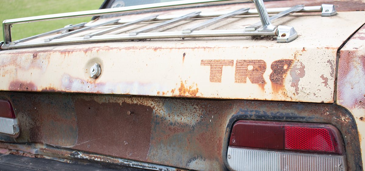 The name is faded but still visible on the trunk of Chris Schermacher's 1980 Triumph TR8.