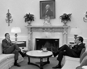 April 23, 1969. President Nixon and Vice President Agnew seated across from each other on sofas.