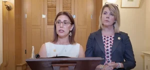 Rep. Beryl Brown Piccolantonio speaks about bill to reform the Ohio Ballot Board as House Minority Leader Allison Russo looks on