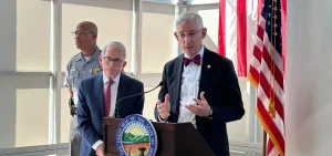 Gov. Mike DeWine and Ohio Department of Health Director Dr. Bruce Vanderhoff at a press conference about Springfield