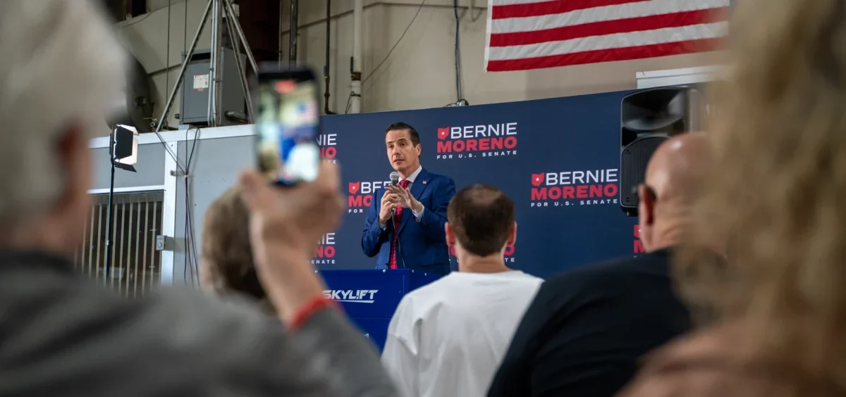 Bernie Moreno speaks to a group of supporters at the Lorain headquarters of Skylift.