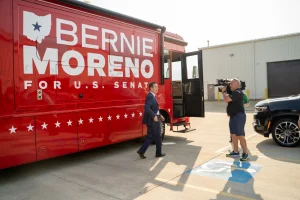 Bernie Moreno leaving the rally in Lorain at Skylift headquarters.