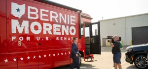 Bernie Moreno leaving the rally in Lorain at Skylift headquarters.