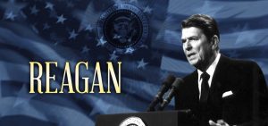 President Reagan at podium on right side superimposed over presidential seal and US flag