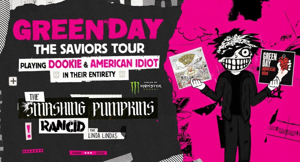 An image advertising Green Day's "Saviors" tour. The main colors are hot pink and black. 