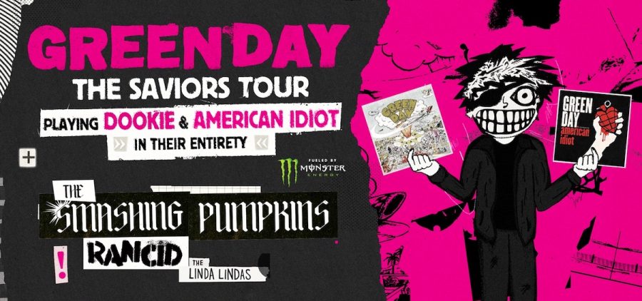 An image advertising Green Day's "Saviors" tour. The main colors are hot pink and black.