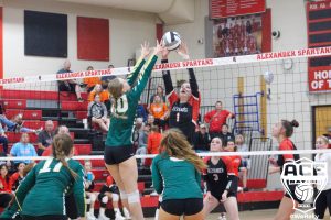 Bulldog Caitlyn Hayes blocks at the net