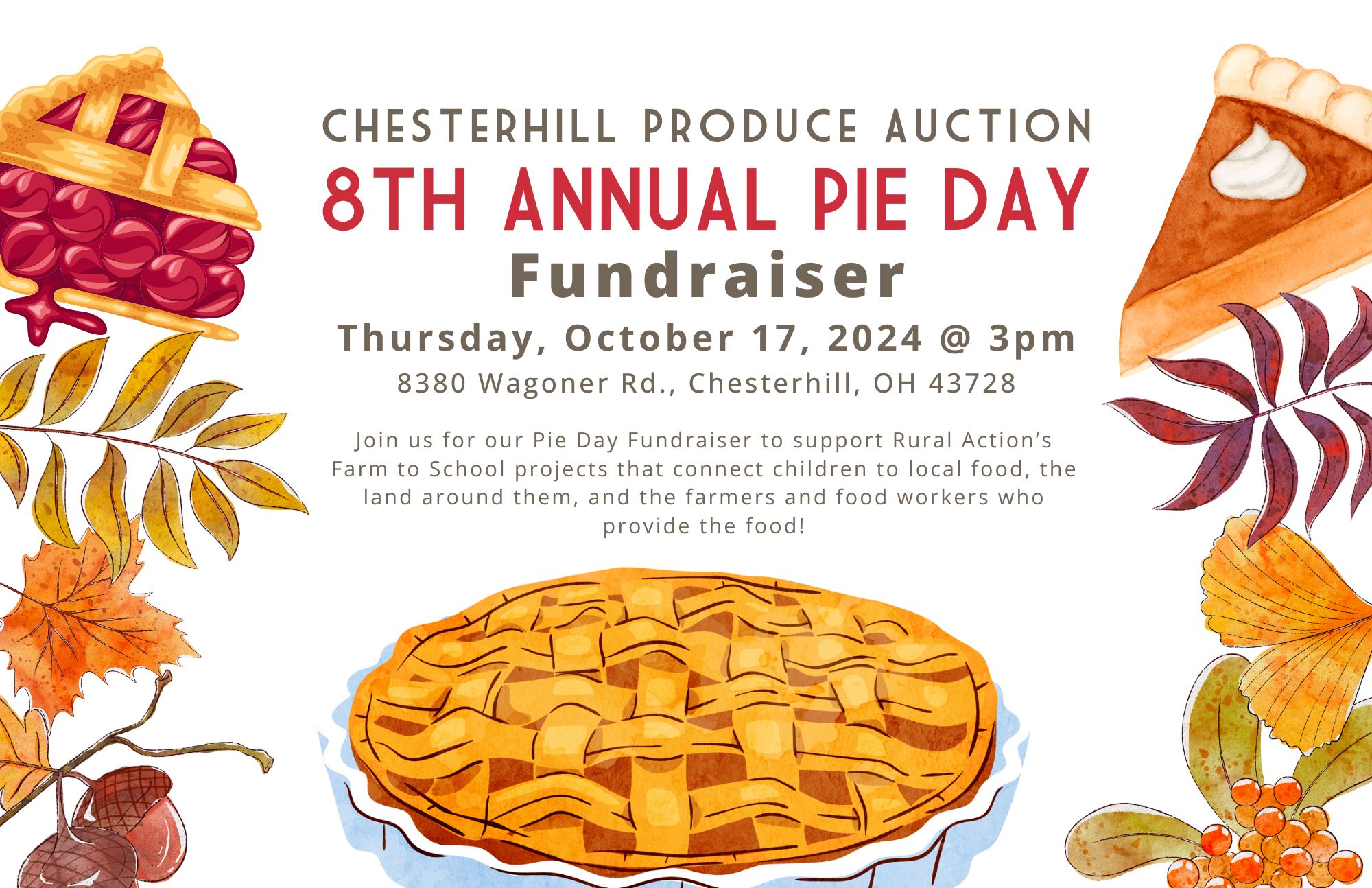 A picture of a flyer for the Chesterhill 8th annual Pie Day.