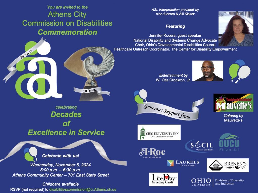 An image with information about the upcoming ceremony for the Athens City Commission on Disabilities' presentation of the 2024 Athena Award.