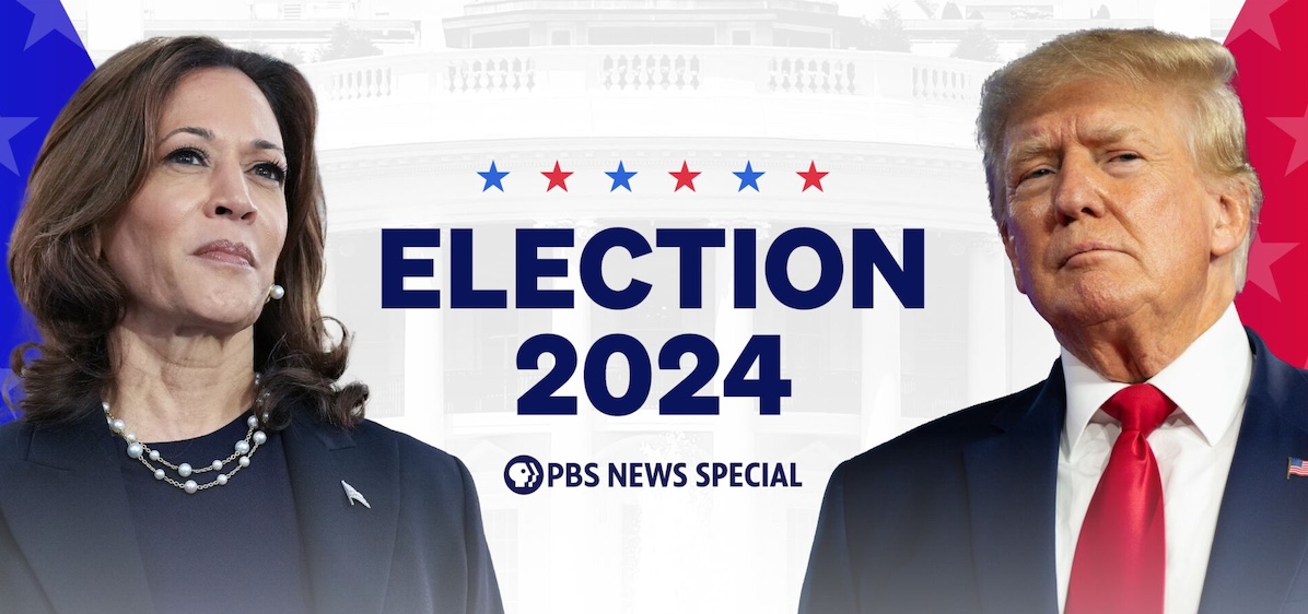 Election day 2024 key art. Harris on left, Trump on right. Text in the middle "Election 2024, PBS News Special"