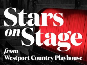 Stars On Stage text logo over red theater curtain. Outline if audience seats can be seen