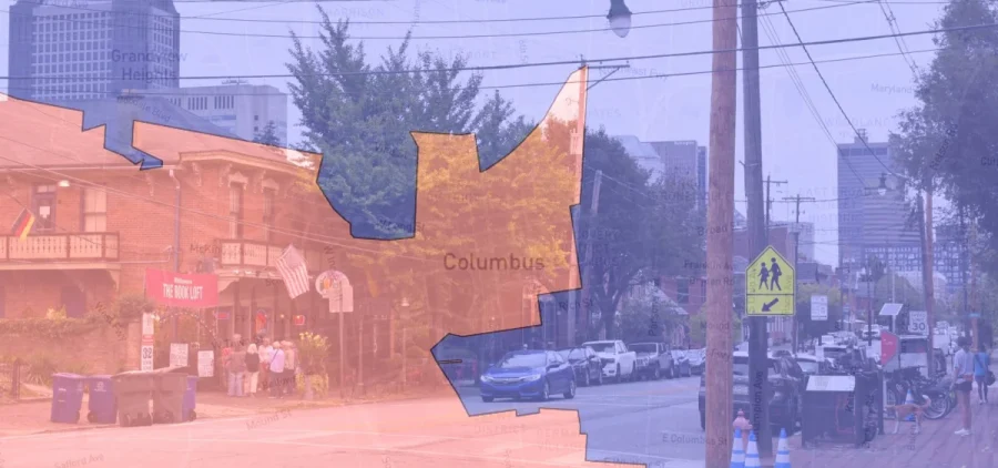 An image shows two congressional districts with a shot of Columbus in the background