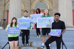 New voters Evelyn Malvestuto, Nolan Giovagnoli, Paris Jones, Merik Pohl, and DeMario Steele at the Voter Virginity press conference in Cleveland.