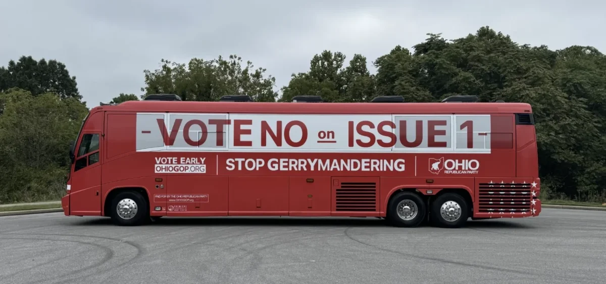 A bus with Vote No on Issue 1 on the side