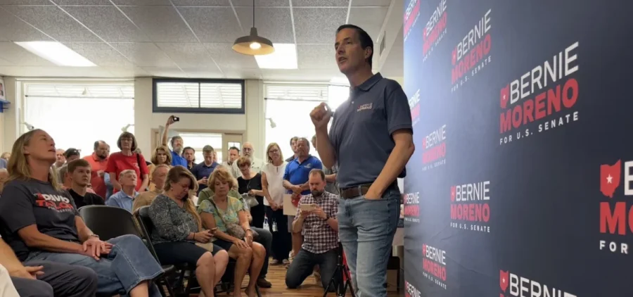 Republican US Senate candidate Bernie Moreno speaks to supporters at the Ross County GOP headquarters in Chillicothe