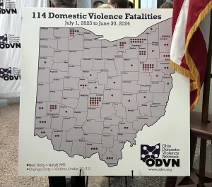 A map showing locations of the 114 domestic violence deaths in the Ohio Domestic Violence Network's report from July 1, 2023 to June 1, 2024.