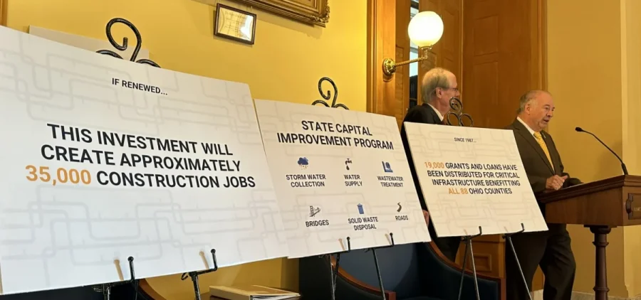 Reps. Scott Oelslager (R-North Canton) and Dan Troy (D-Willowick) announce their proposal to put the state's public works bond program on the May 2025 ballot at a press conference