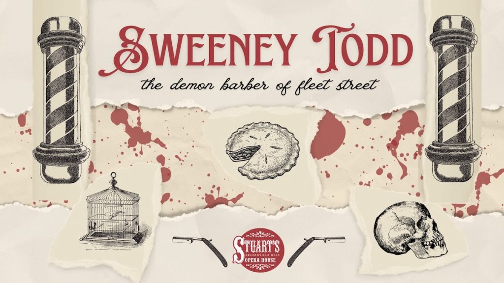 An image with red text against a parchment colored background that reads "Sweeney Todd: the Demon Barber of Fleet Street." 