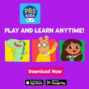 PBS Kids app download button. Text says "Play and Learn anytime"