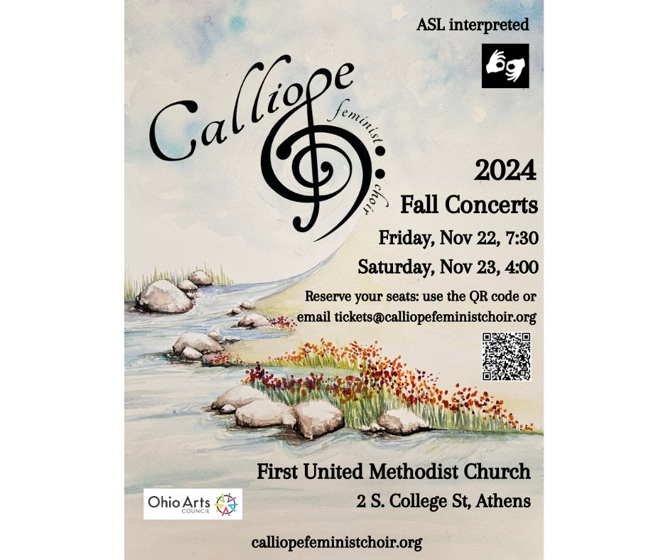 A flyer with information about the upcoming Calliope Feminist Choir concerts.