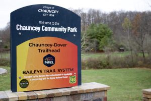 A sign at the entrance to the Baileys Trail System trailhead in Chauncey.