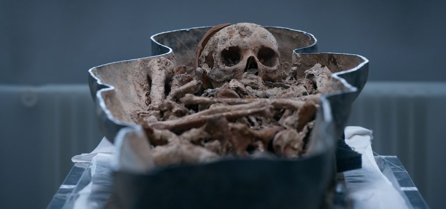 a coffin found after the 2019 fire at Notre dame. Skull and bones easily recognizable