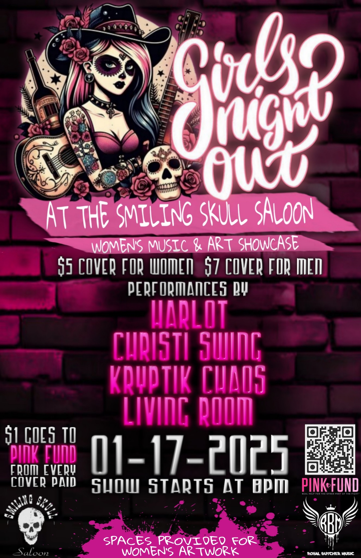 A flyer for Royal Butcher Music Presents: Girls Night Out at the Smiling Skull Saloon.