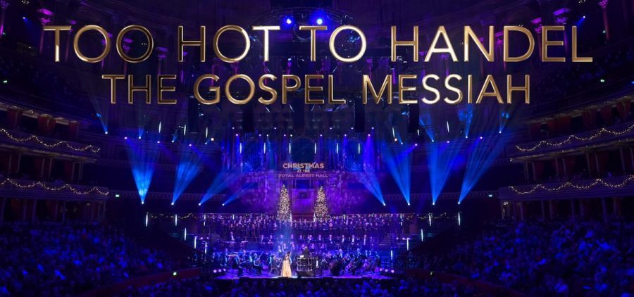 TOO HOT TO HANDEL_ THE GOSPEL MESSIAH text over massive stage with singers and orchestra shown