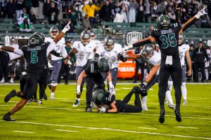 Ben McNaboe diving to make the first Ohio interception of the night.