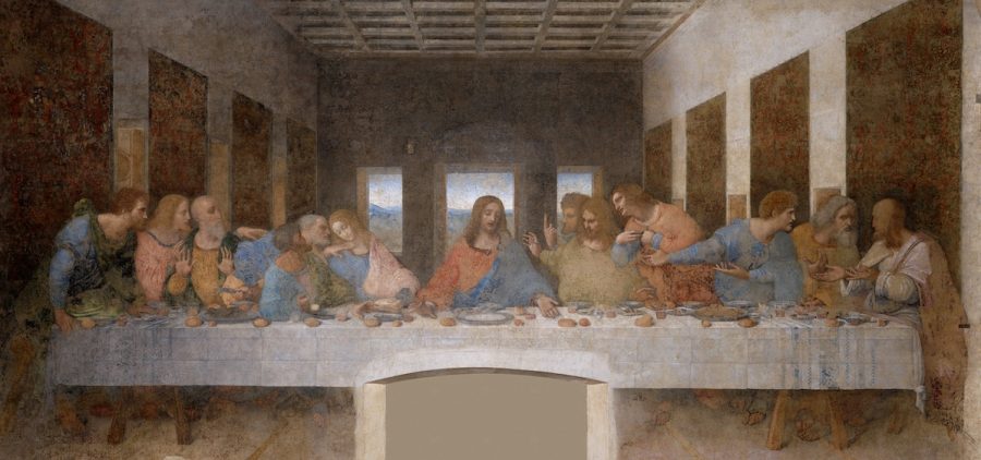 The Last Supper. Mural, fresco in the Refectery of Santa Maria della Grazie, a Dominican Convent in Milano. Circa 1484-98. Credit: Leonardo da Vinci, Santa Maria delle Grazie, Milan, Italy