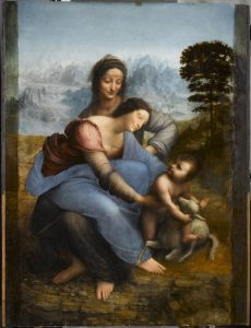 Virgin and Child with Saint Anne. Post-restoration 2012. The stripes on left and right are 19th century additions left for documentation purpose. This painting was begun around 1503 at least, in Florence, then was kept by Leonardo da Vinci until his death, still unfinished in 1519; the work was very probably acquired by Francis I in 1518. Circa 1503. Credit: Leonardo da Vinci, Musee du Louvre via Art Resource