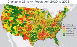 A map shows the changes in 25 to 44 population across the country