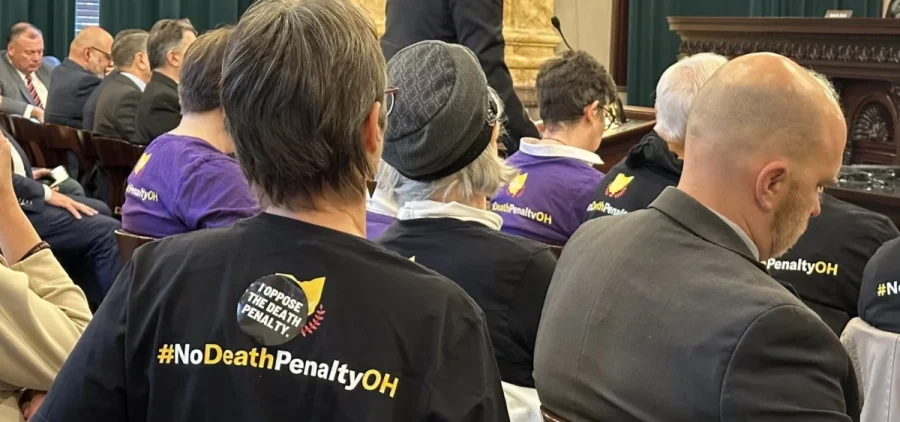 Senate Bill 101 backers wear shirts that say #NoDeathPenaltyOH in the Judiciary committee