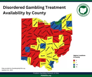 A map shows where treatment for gambling addictions is available in Ohio