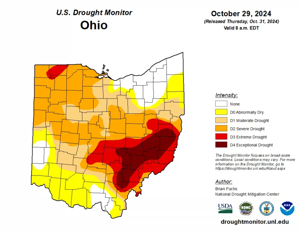 A map shows the severity of drought across Ohio.