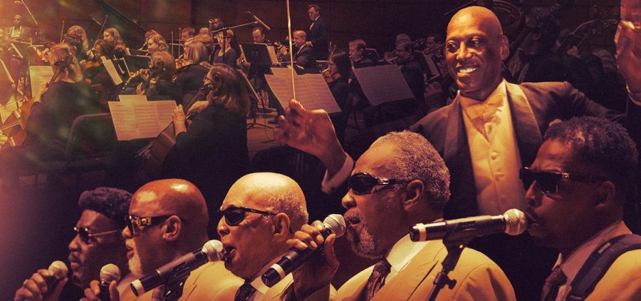 A Symphony Celebration: The Blind Boys of Alabama with Dr. Henry Panion, IIIe - super imposed images of singers, orchestra and conductor into one image