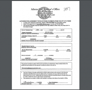 Fake authorization agreement sent to by scammers to the City of Athens [WOUB]