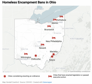 A map shows where homeless encampment bans are in effect in Ohio